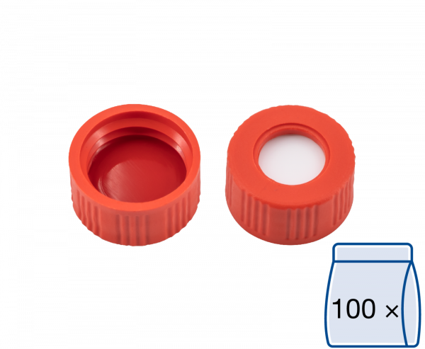 Screw closure, N 9, PP, red, center hole, Silicone white/PTFE red, 1.0 mm