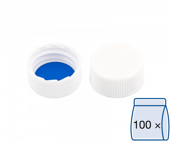 Screw closure (bonded), N 20, PP, white, closed top,Silicone w./PTFE blue, 1.3mm