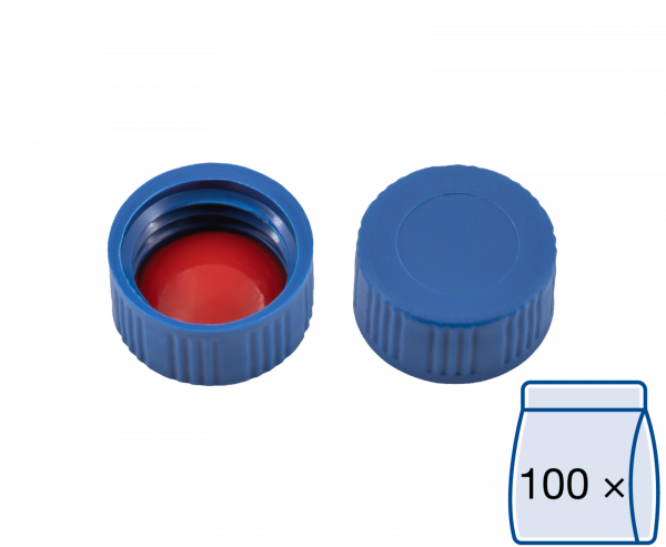 Screw closure, N 9, PP, blue, closed top, Silicone white/PTFE red, 1.0 mm