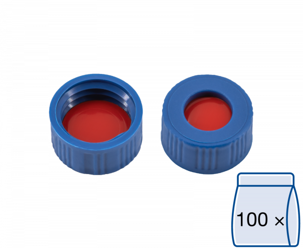 Screw closure, N 9, PP, blue, center hole,PTFE red/Silicone white/PTFE red,1.0mm