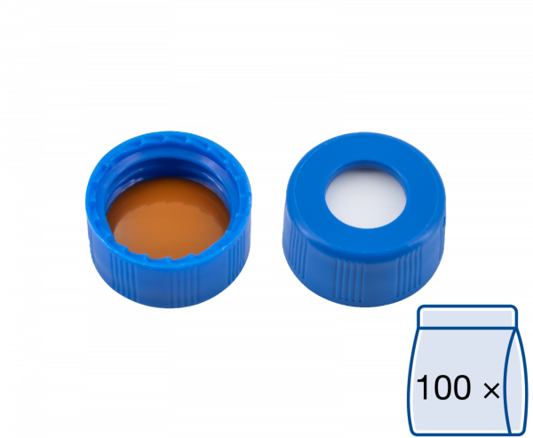 Screw closure, N 9,PP,blue,c. hole,Sili. w./Polyimide orange,1.0mm,fluorine-free