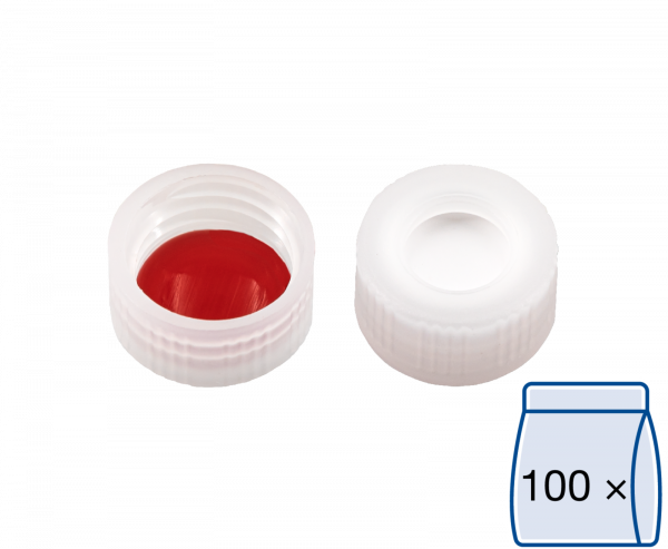 Screw closure, N 9, PP, transparent, center hole, Silicone white/PTFE red, 1.0mm