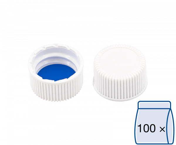 Screw closure (bonded), N 18, PP, white, closed top,Silicone w./PTFE blue, 1.3mm