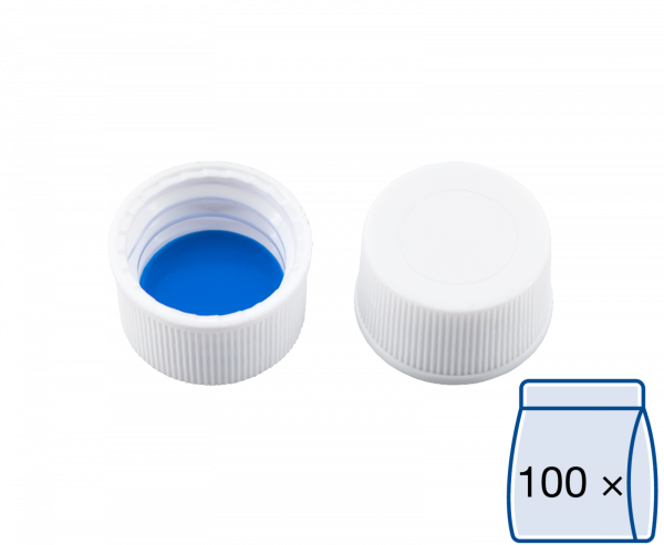 Screw closure (bonded), N 13, PP, white, closed top, Silicone w./PTFE blue,1.3mm