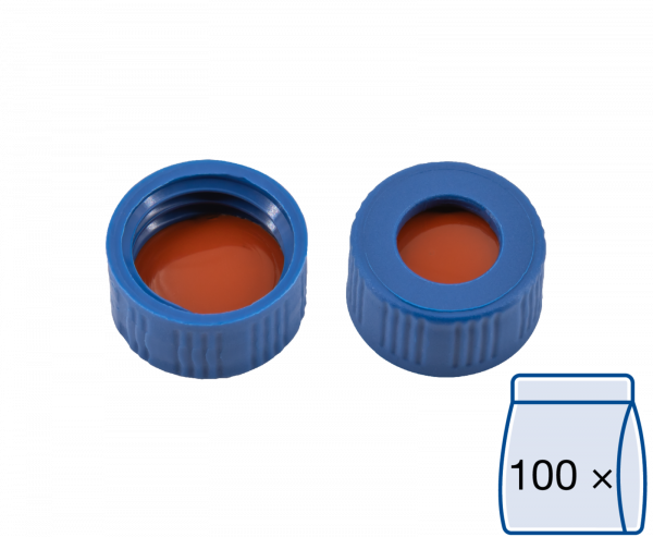 Screw closure, N 9, PP, blue, center hole, Red Rubber/FEP colorless, 1.0 mm