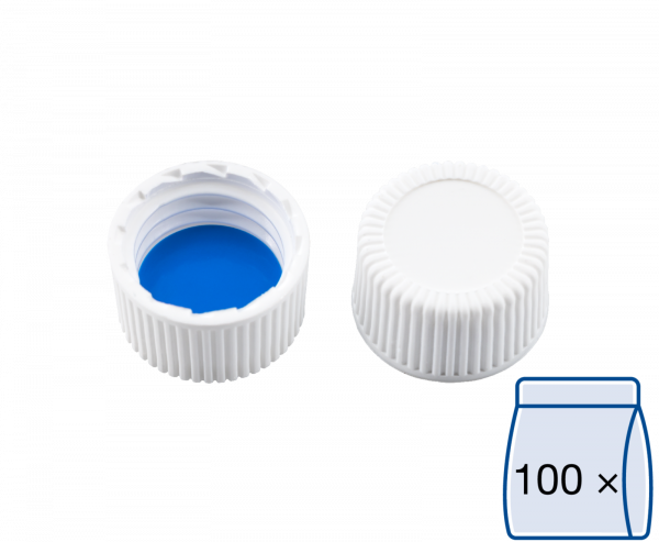 Screw closure (bonded), N 15, PP, white, closed top, Silicone w./PTFE blue,1.3mm