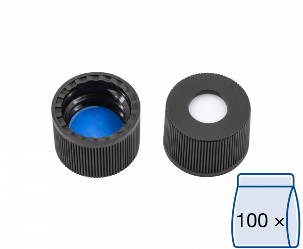 Screw closure, N 8, PP, black, center hole, Silicone white/PTFE blue, slit,1.0mm