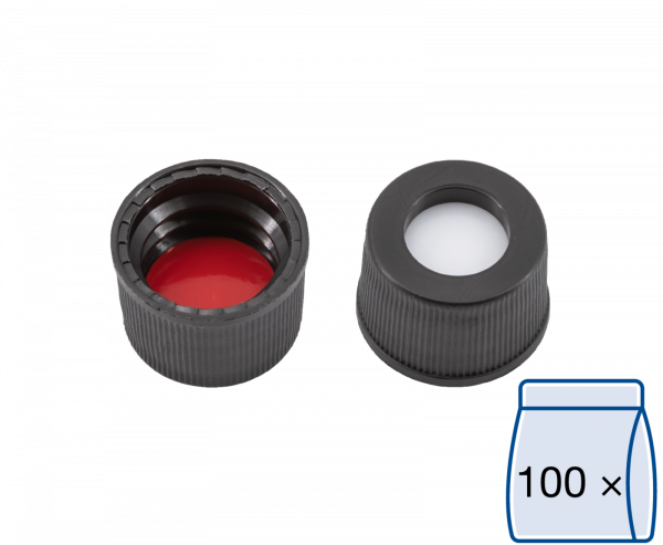 Screw closure (bonded), N 10, PP, black, center hole, Silicone w./PTFE red,1.0mm