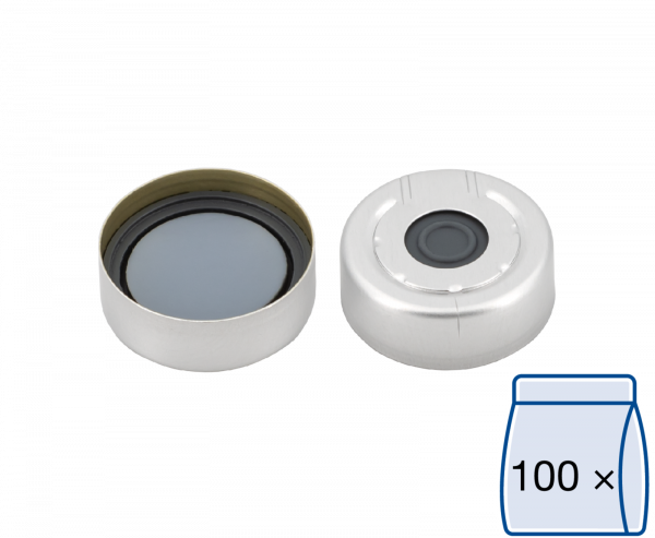 Crimp closure, N 20, alu.,pressure rel.,center hole,Butyl d.gray/PTFE gray,3.0mm