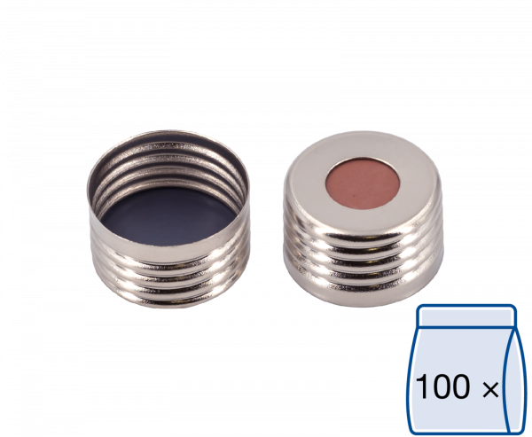 Screw closure, N 18, metal (magn.), silver,center hole,Butyl red/PTFE gray,1.5mm