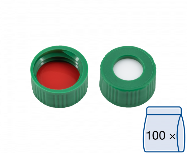 Screw closure, N 9, PP, green, center hole, Silicone white/PTFE red, 1.0 mm