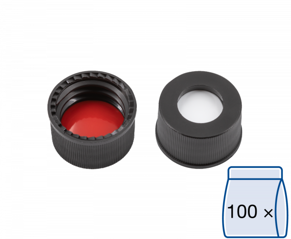 Screw closure, N 13, PP, black, center hole, Silicone white/PTFE red, 1.3 mm