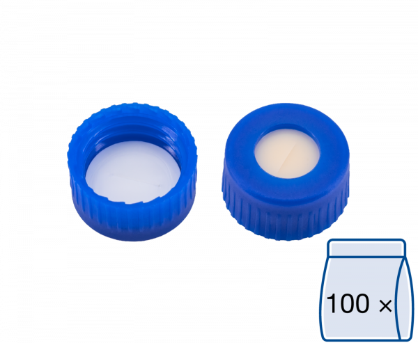 Screw closure (bonded), N 9, PP,blue,center hole,Silic. beige/PTFE w.,slit,1.3mm