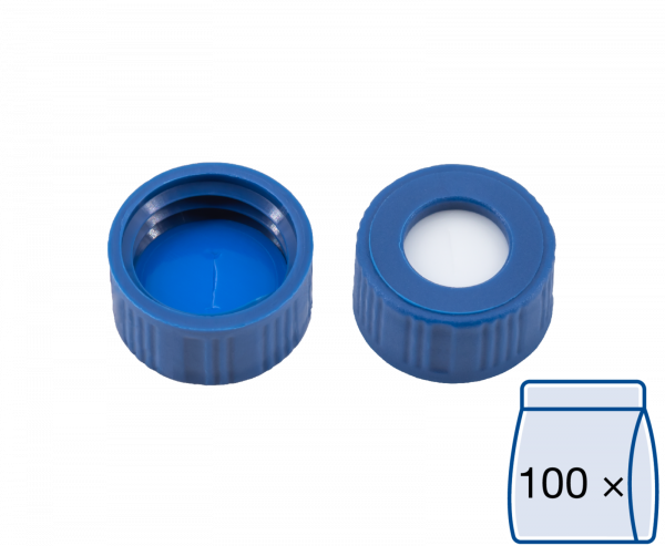 Screw closure, N 9, PP, blue, center hole, Silicone white/PTFE blue, slit, 1.0mm