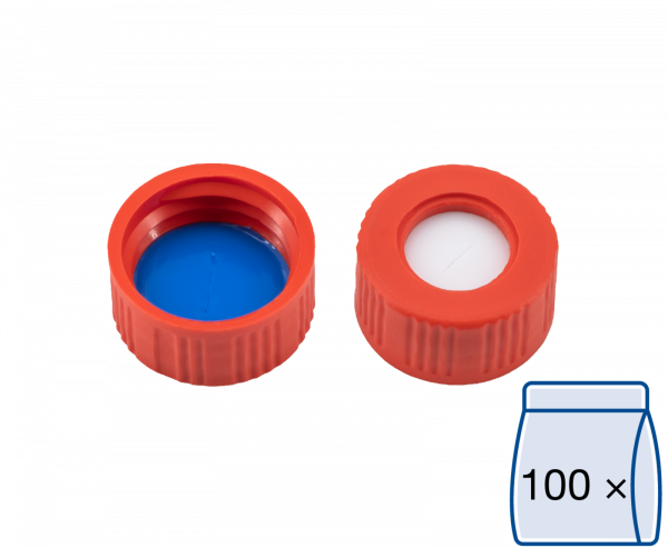 Screw closure, N 9, PP, red, center hole, Silicone white/PTFE blue, slit, 1.0mm