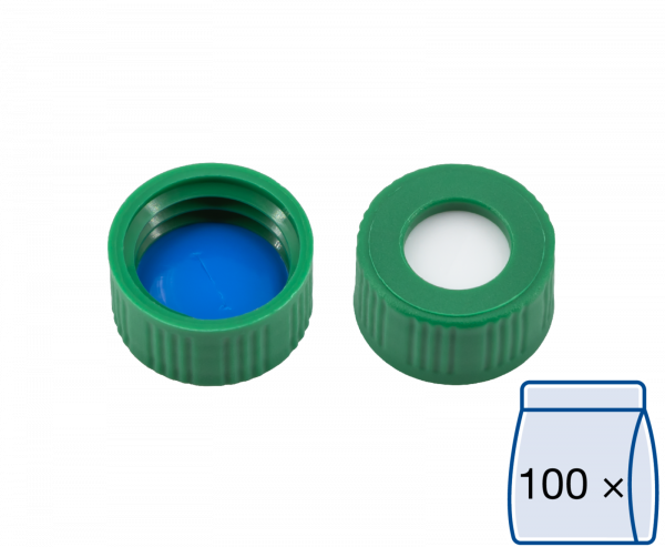 Screw closure, N 9, PP, green, center hole, Silicone white/PTFE blue, slit,1.0mm