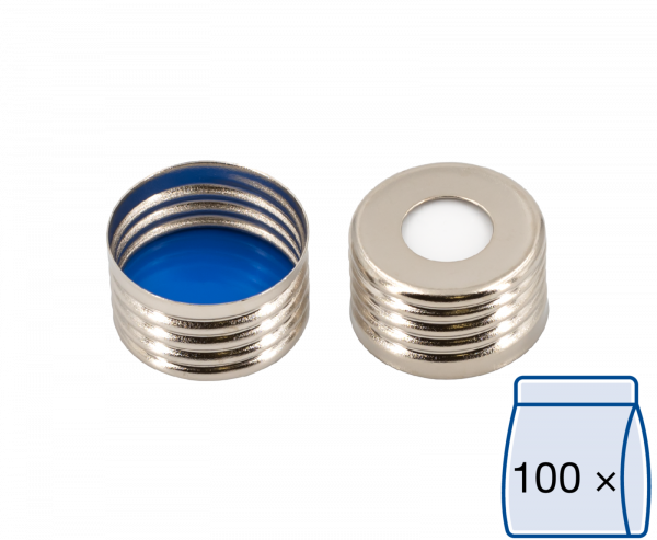 Screw closure, N 18, metal (magn.), sil., center hole, Silic. w./PTFE blue,1.5mm