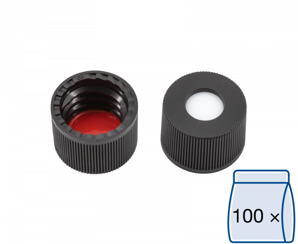 Screw closure, N 8, PP, black, center hole, Silicone white/PTFE red, 1.3 mm