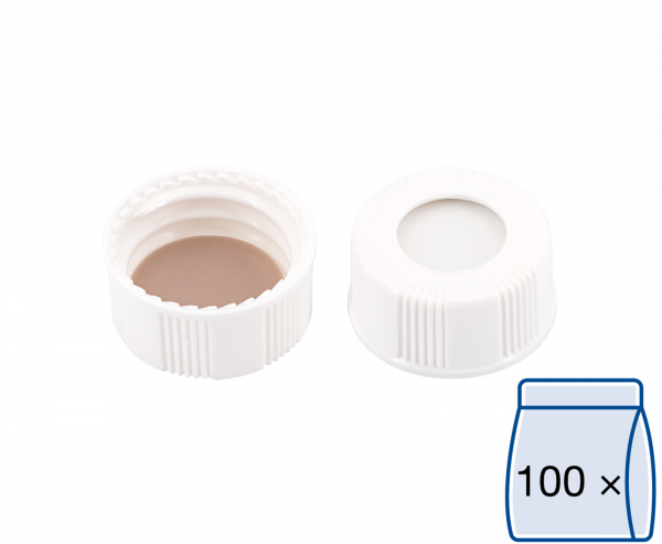 Screw closure (bonded), N 20, PP, white,center hole,Silicone w./PTFE beige,1.5mm